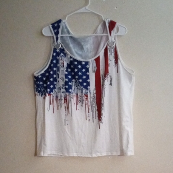 Tops - Sleeveless American Flag Graphic Tank Top - White, Blue & Red
